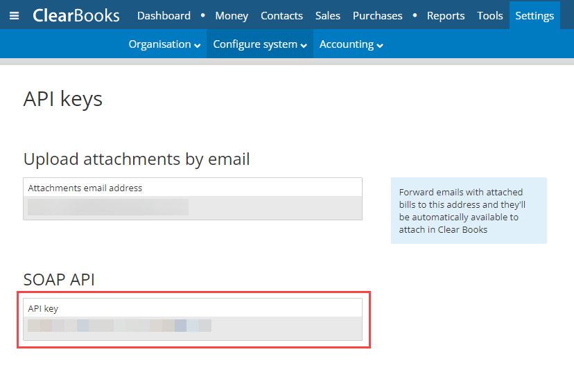 Clear Books: API keys page with the SMB user's API key highlighted under 'SOAP API'.